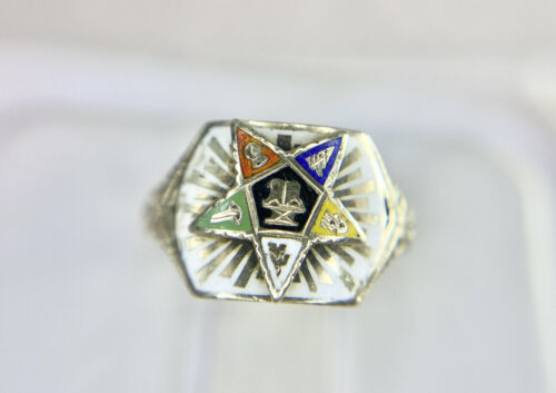 Vintage Art Deco 10k Yellow Gold Eastern Star Colorful Enamel Small Mason Ring