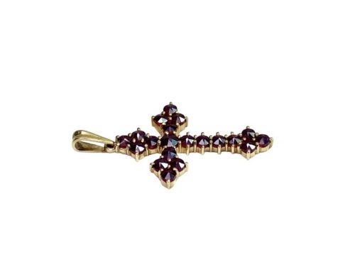 Vintage 14k Yellow Gold Natural Round Rhodolite Garnet Cross Pendant