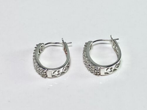 10k White Gold Natural Round Diamond Cluster Set Heart Half Hoop Earrings