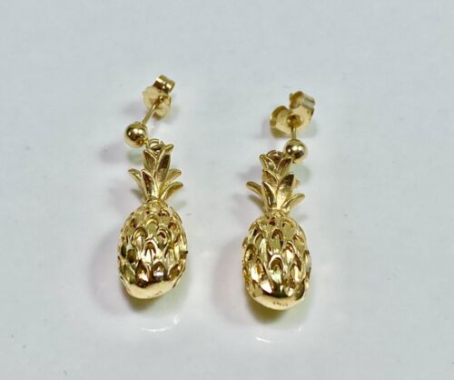 Vintage 14k Yellow Gold Handcrafted Pineapple Dangle Drop Earrings