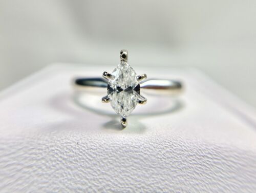 Vintage 14k White Gold Natural Marquise Shape Diamond Solitaire Engagement Ring