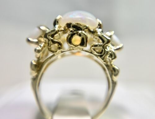 Vintage 14k Yellow Natural Oval Ethiopian White Opal Big Filigree Cocktail Ring