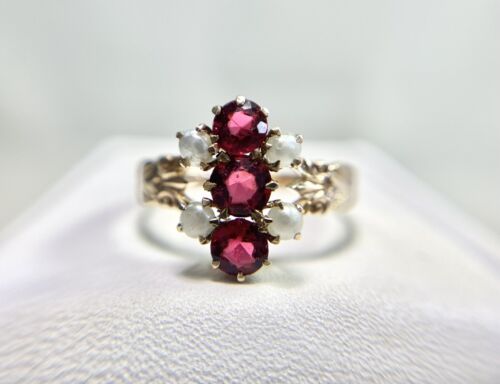 Victorian 10k Rose Gold Red Garnet Round White Seed Pearl Small Cocktail Ring