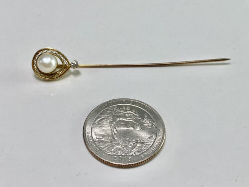 Art Deco 14k Yellow Gold Round White Pearl Old European Diamond Stick Pin