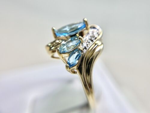 Vintage 10k Yellow Gold Marquise Cut Blue Topaz Round Diamond Cocktail Ring