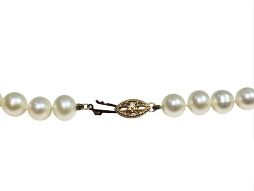 Vintage Art Deco Filigree 14k Yellow Gold White Round Cultured Pearl Necklace