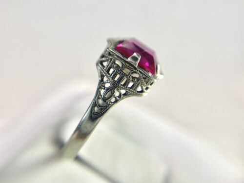 Vintage Art Deco 10k White Gold Emerald Cut Pink Stone Filigree Solitaire Ring