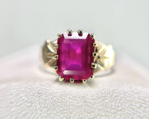 Vintage Victorian 10k Yellow Gold Emerald Cut Pink Stone Engraved Solitaire Ring