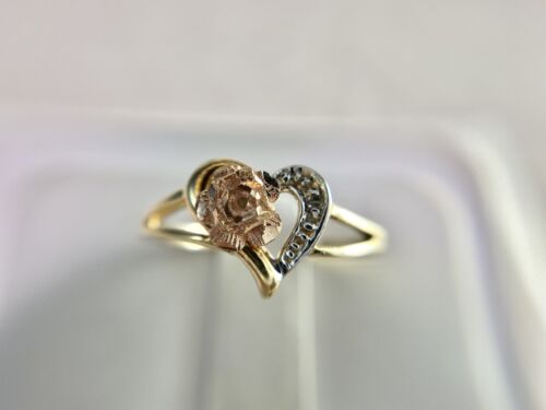 Vintage 10k Yellow Rose Gold Round Single Cut Diamond Flower Heart Ring