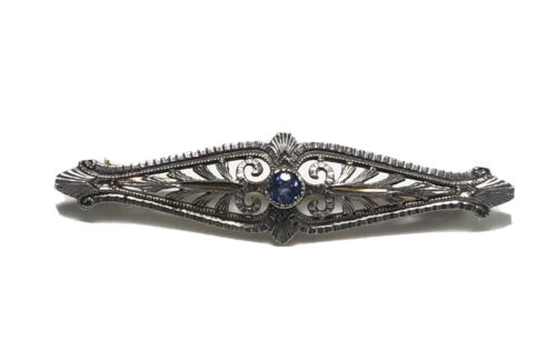 Vintage Art Deco 14k White Gold Round Blue Sapphire Filigree Small Pin