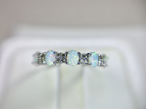 10k Designer Oval Shape White Opal Round Natural Diamond Band Ring