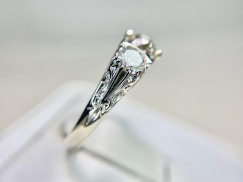 Vintage 14k White Gold Round Old European Diamond Three Stone Engagement Ring