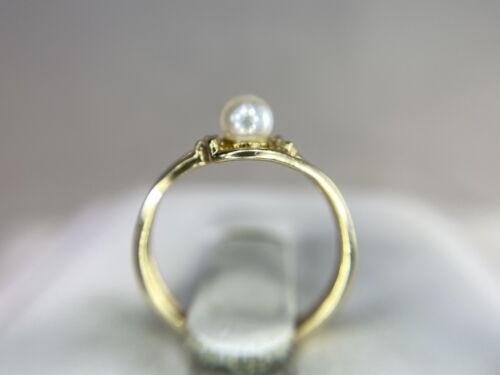 Vintage Style 10k Yellow Gold White Cultured Pearl Small Diamond Ring Size 3.75