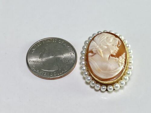 Vintage 14k Yellow Gold Oval Pink Lady Cameo Silhouette Pearl Big Pin Pendant