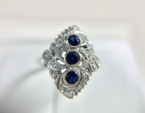 Art Deco Signed 18k White Gold Blue Sapphire Round Diamond Small Cocktail Ring