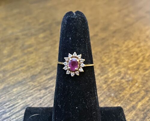 Vintage 14k Yellow Gold Oval Red Ruby Round Diamond Halo Small Cocktail Ring