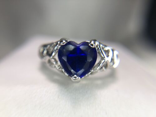 Estate 9k White Gold Heart Shape Synthetic Blue Sapphire Filigree Ring