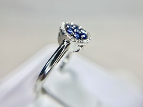 10k White Gold Designer Natural Round Blue Sapphire Diamond Halo Cocktail Ring