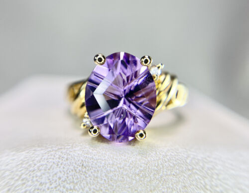 14k Yellow Gold Oval Custom Cut Big Purple Amethyst Round Diamond Ring