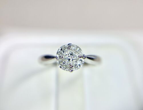 14k White Gold Natural Marquise Princess Cut Round Diamond Cluster Ring