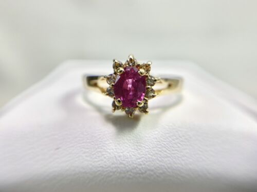 Vintage 14k Yellow Gold Natural Oval Red Ruby Round Diamond Halo Ballerina Ring