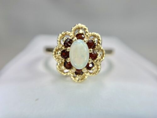 Vintage 10k Yellow Gold Oval White Opal Rhodolite Garnet Halo Cocktail Ring