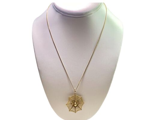 Vintage 14k Yellow Gold Handcrafted Spiderweb Pendant Necklace