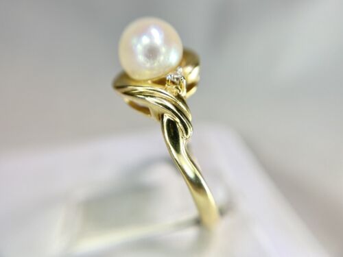 Vintage 14k Yellow Gold White Round Cultured Pearl Diamond By-Pass Ring 