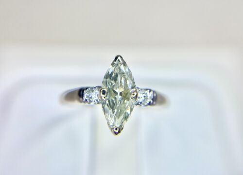 Art Deco Platinum Marquise Shape Round Natural Diamond Engagement Ring