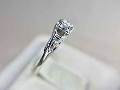 Vintage Art Deco 14k white Gold Natural Round Diamond Small Engagement Ring