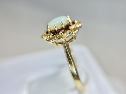 Vintage 10k Yellow Gold Oval White Opal Rhodolite Garnet Halo Cocktail Ring