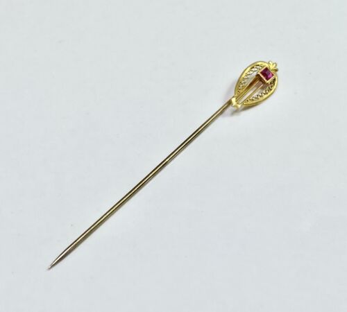 Art Deco 10k Yellow Gold Square Princess Cut Pink Gemstone Filigree Stick Pin