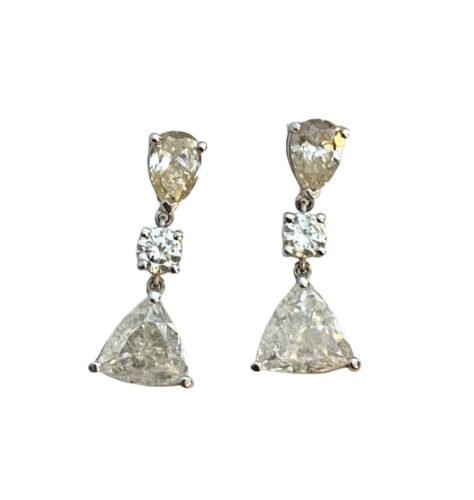 18k White Gold Natural Trillion Shape Pear Shape Round Diamond Dangle Earrings