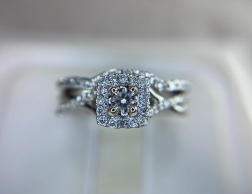 10k White Gold Designer Round Brilliant Diamond Wedding Halo Engagement Ring Set