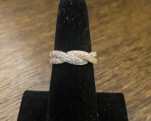 Vintage 14k Yellow Gold Natural Round Diamond Criss Crossover Two Tone Band Ring