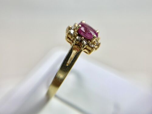 Vintage 14k Yellow Gold Natural Oval Red Ruby Round Diamond Halo Ballerina Ring