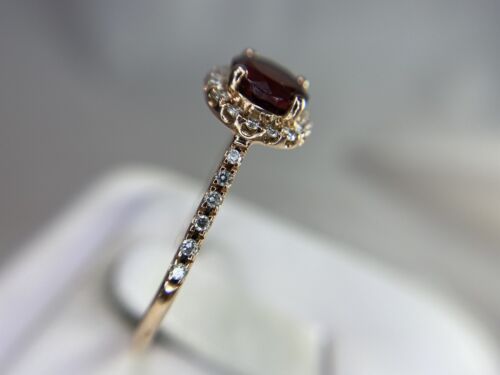 14k Rose Gold Natural Round Red Rhodolite Garnet Diamond Halo Engagement Ring