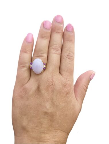 Vintage 14k Yellow Gold Oval Lavender Jade Round Diamond Big Cocktail Ring