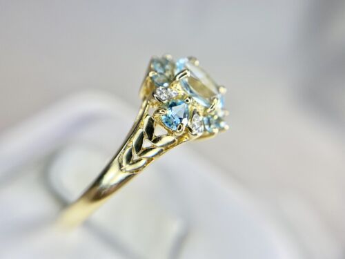 Vintage 14k Yellow Gold Natural Sky Blue Oval Topaz Round Diamond Filigree Ring