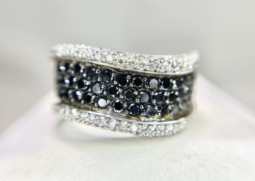 14k White Gold Natural Round Black Diamond Twisted Cocktail Band Ring