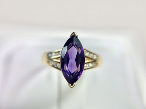 14k Yellow Gold Designer Natural Marquise Purple Amethyst Round Diamond Ring