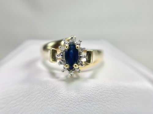 Vintage 14k Yellow Gold Natural Marquise Blue Sapphire Round Diamond Halo Ring