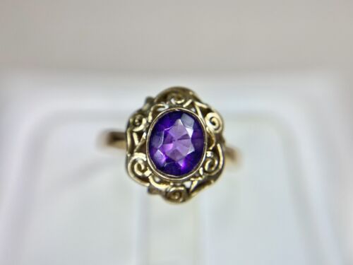 Vintage 10k Rose Gold Natural Oval Shape Purple Amethyst Bezel Set Filigree Ring