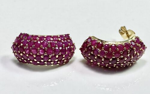 Vintage Signed 14k Yellow Gold Natural Round Red Ruby Cluster Big Stud Earrings