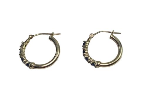 Vintage 10k Yellow Gold Round Blue Sapphire Diamond Small Hoop Earrings