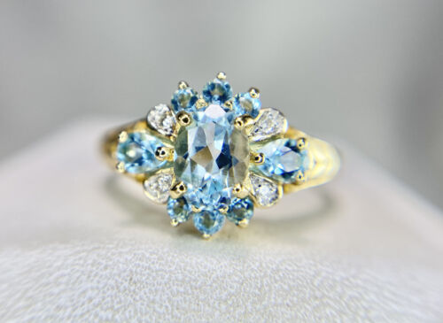 Vintage 14k Yellow Gold Natural Sky Blue Oval Topaz Round Diamond Filigree Ring