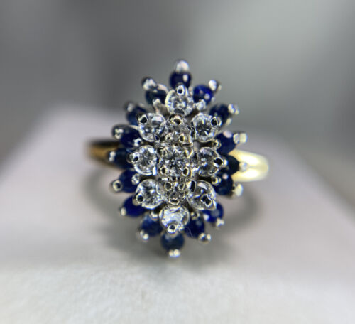 Vintage 14k Yellow Gold Natural Round Diamond Blue Sapphire Cocktail Ring 1 ct