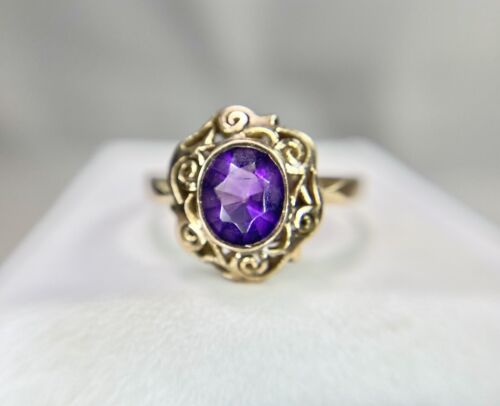 Vintage 10k Rose Gold Natural Oval Shape Purple Amethyst Bezel Set Filigree Ring