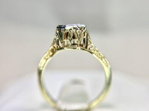 Vintage Art Deco 14k Yellow Gold Round Diamond Filigree Small Engagement Ring