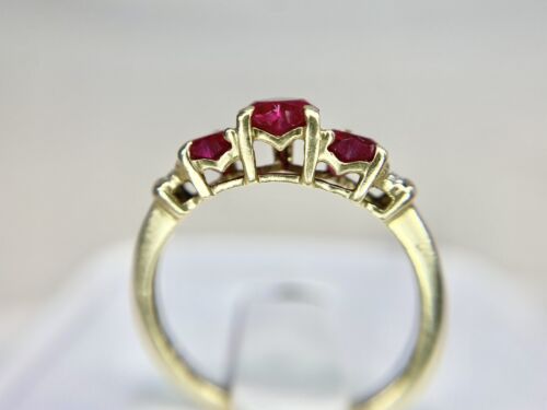 Vintage 10k Yellow Gold Lab Created Heart Shape Pink Ruby Round Diamond Ring